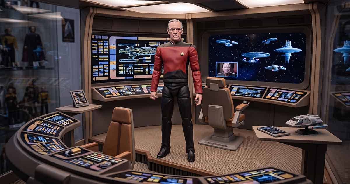 Captain Hikaru Sulu action figure holding a tea cup in a USS Excelsior ready room diorama with a starship model and space visible outside