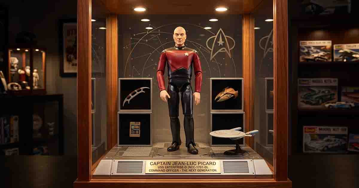 Captain Jean-Luc Picard action figure displayed in a Starfleet-themed collector case with a small Enterprise model and futuristic display panels