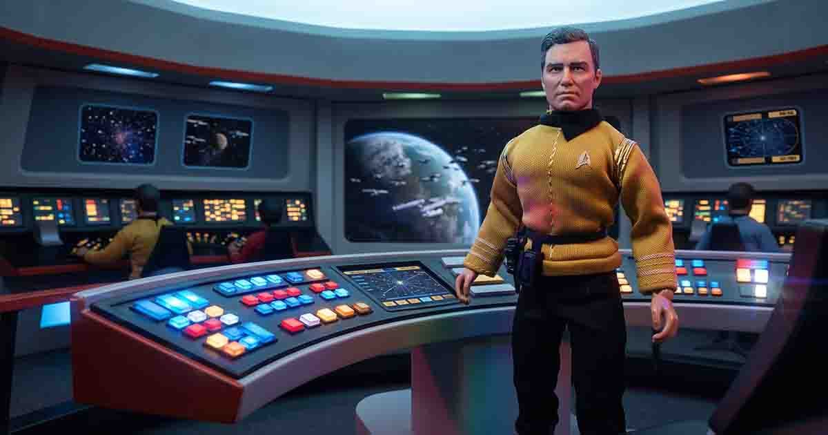 Captain Christopher Pike action figure posed on a Starfleet bridge diorama with illuminated control panels and a planet visible through the viewscreen