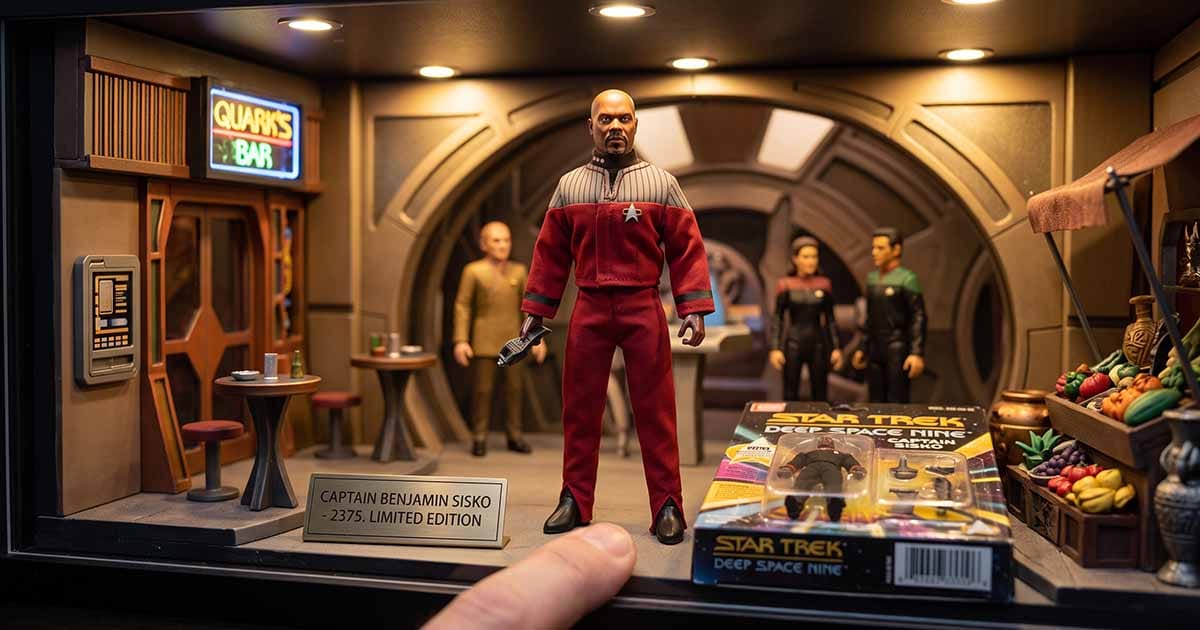 Captain Benjamin Sisko action figure displayed on a Deep Space Nine Promenade diorama near Quark’s Bar with other action figures in the background