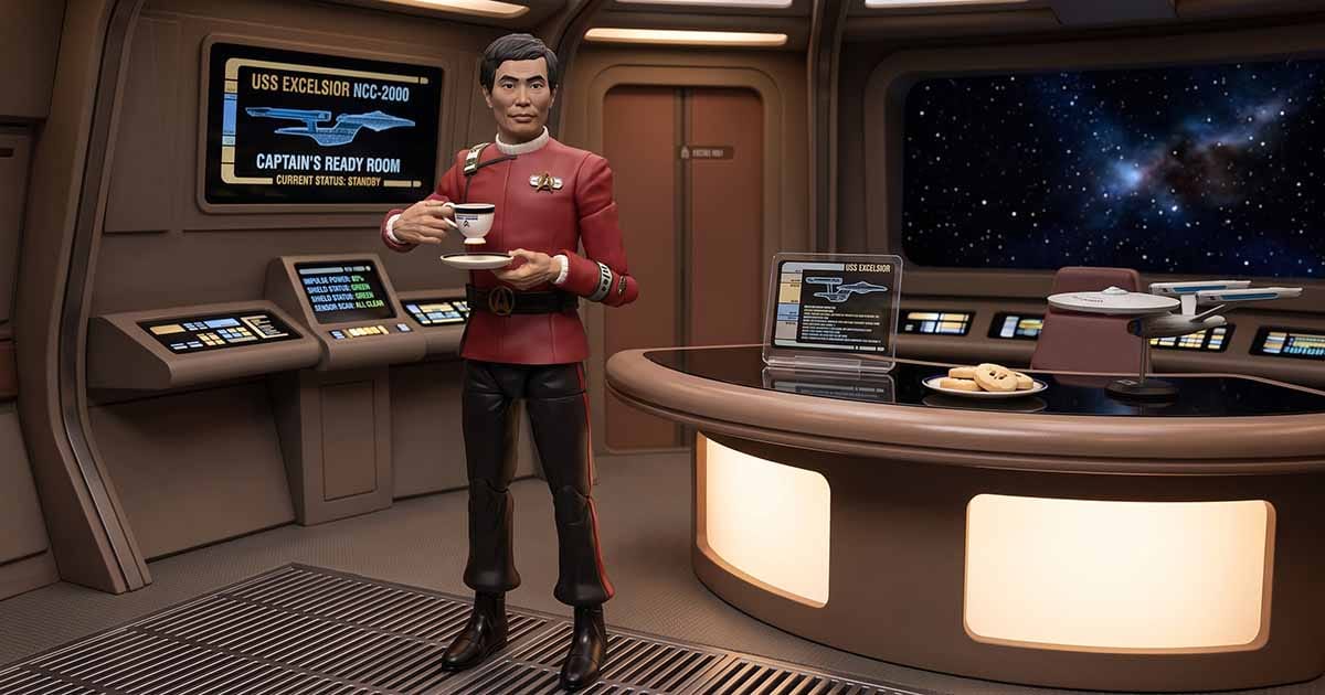 Captain Hikaru Sulu action figure holding a tea cup in a USS Excelsior ready room diorama with a starship model and space visible outside