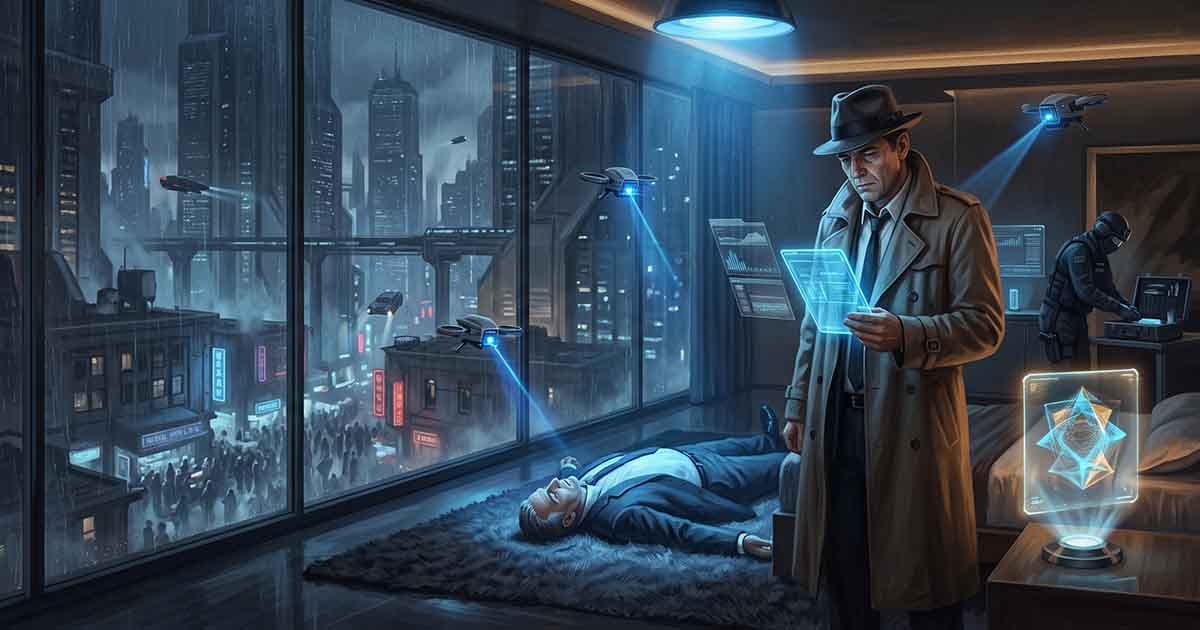 Cyberpunk detective examines a body and holographic evidence in a luxury apartment overlooking a rain-soaked futuristic city.