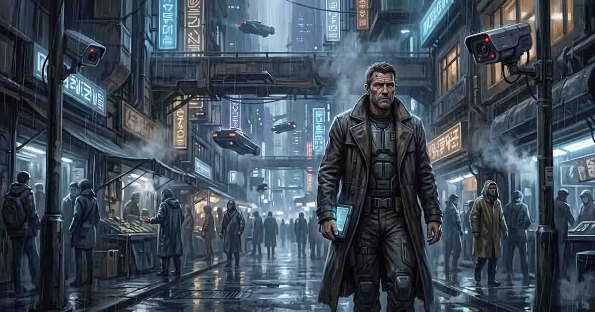 Hardened futuristic investigator in a long coat walks through a rainy cyberpunk street under surveillance cameras, neon signs, and hovering vehicles.