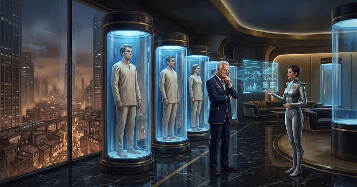 Elderly wealthy man considers young replacement bodies displayed in glass chambers inside a luxurious showroom above a futuristic city.