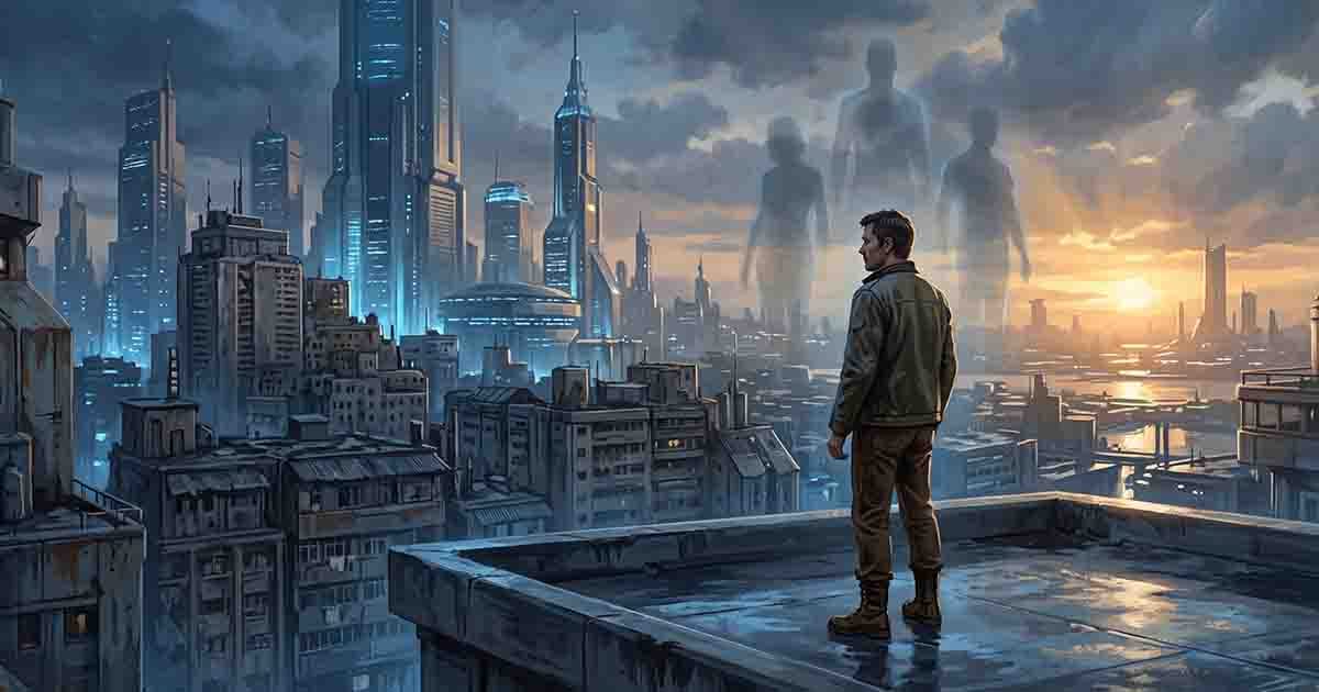 Lone man overlooks a futuristic city at sunrise as translucent human figures hover above aging buildings and gleaming towers.