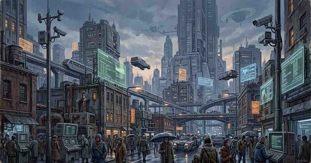 Crowded futuristic city combines old industrial buildings, computer terminals, surveillance cameras, elevated highways, flying cars, and immense modern towers.