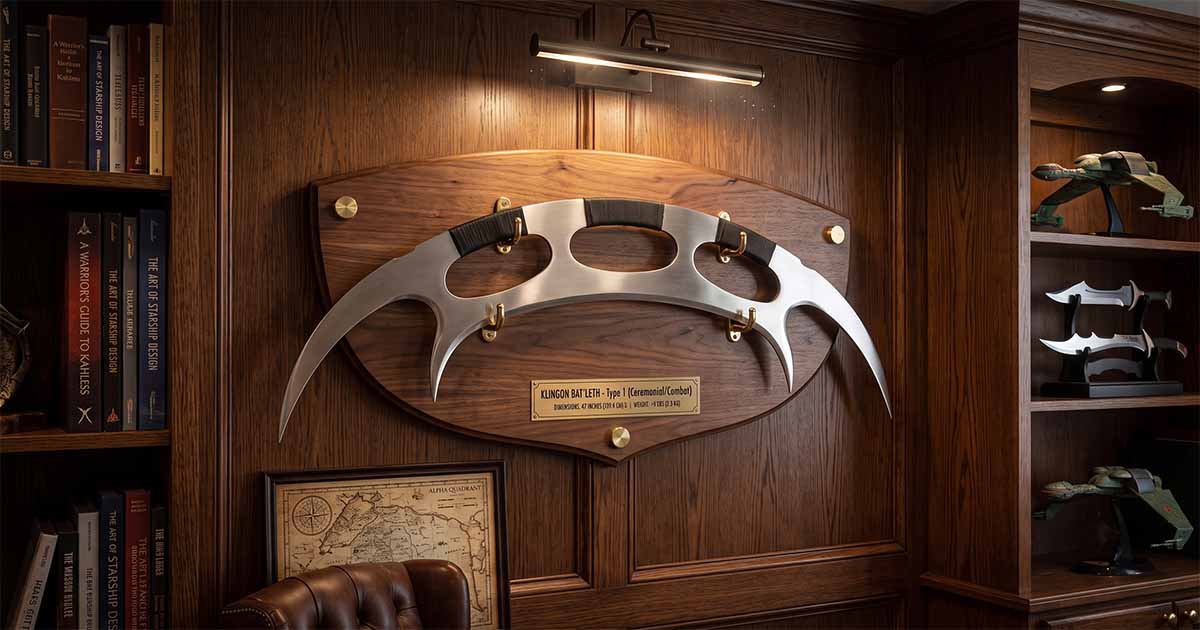 Full-size silver Klingon bat’leth mounted on a wooden display plaque in a dark wood study with books, starship models, framed artwork, and warm lighting.