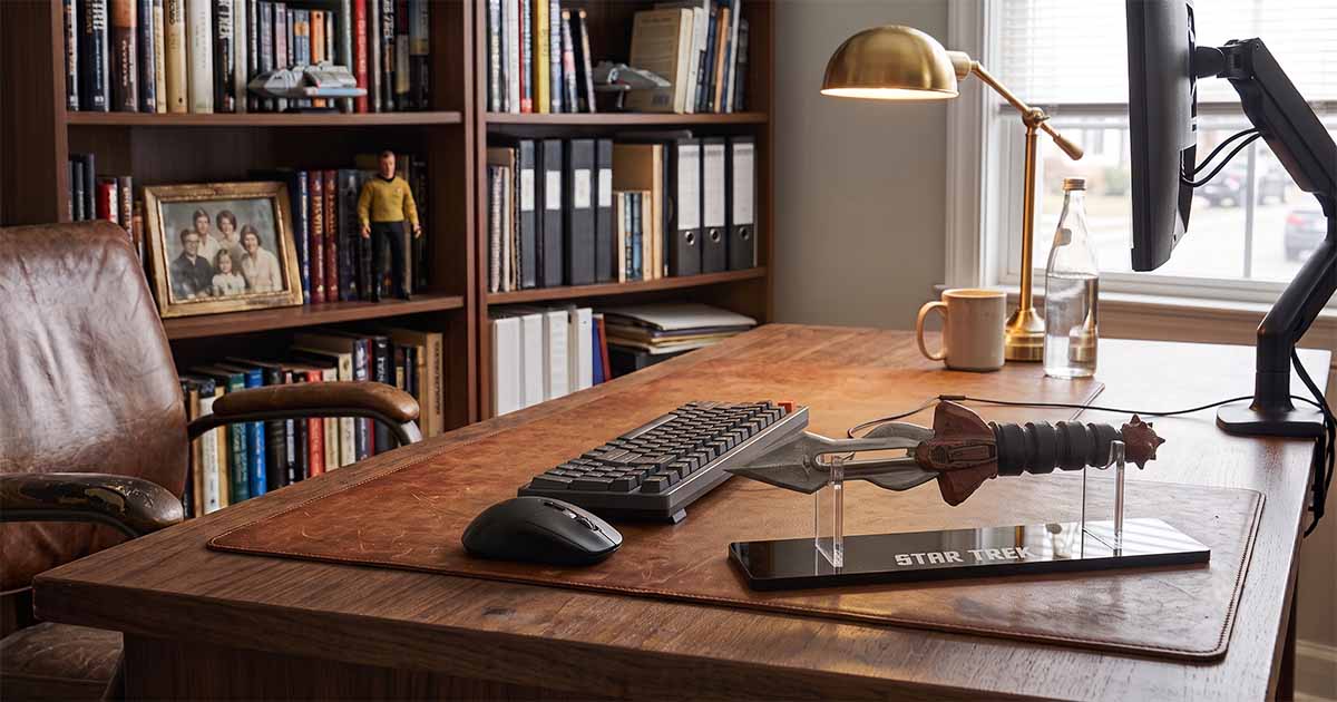 Klingon d’k tahg scaled prop replica displayed on a clear stand across a wooden office desk with a keyboard, computer monitor, brass lamp, bookshelves, and leather chair.