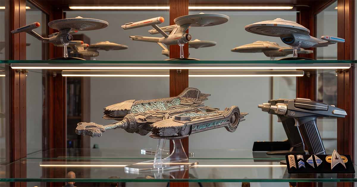 Klingon Sarcophagus Ship model displayed on a clear stand inside a glass collector cabinet with several Starfleet ship models, a phaser replica, and insignia pins.