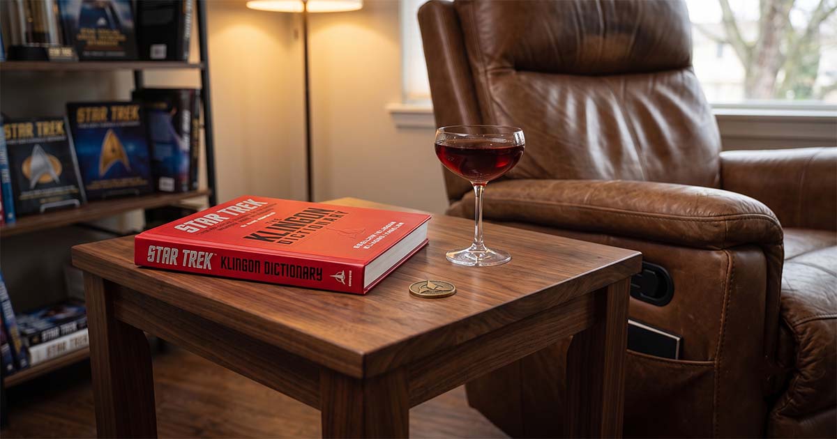 “The Klingon Dictionary” displayed on a wooden side table beside a stemmed glass of red drink, a brown leather recliner, and shelves filled with “Star Trek” books.