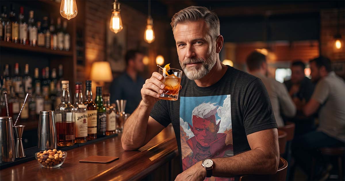 Man at a bar wearing the Last Warlord of Vexis Prime T-shirt.