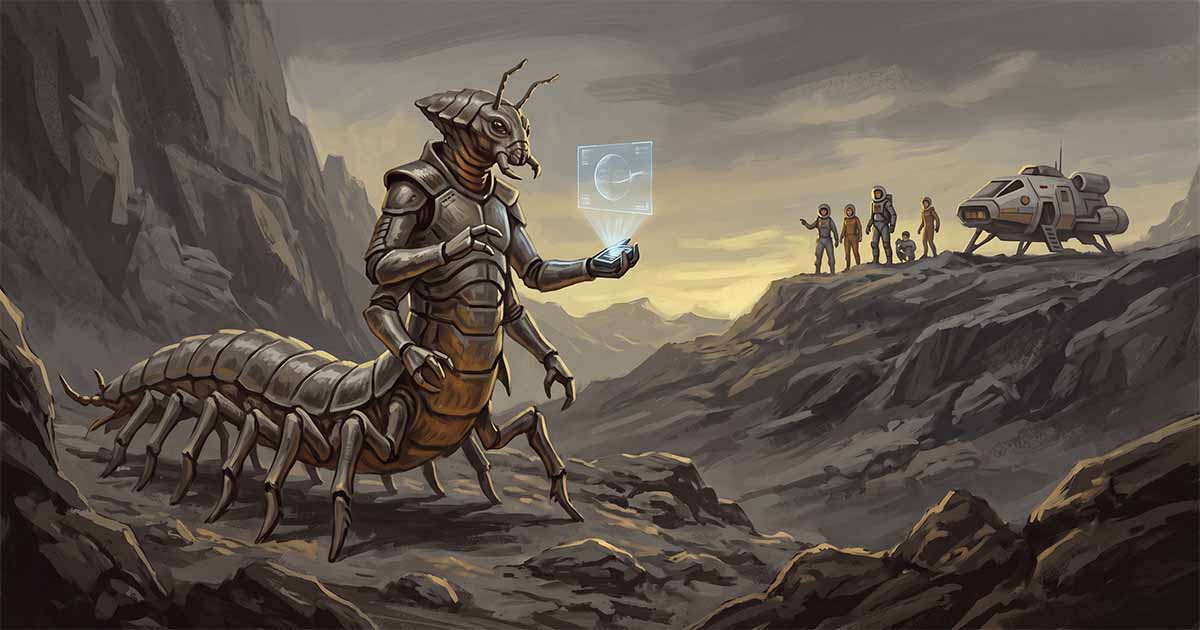 Illustration of the Mesklinite captain Barlennan communicating with human explorers on the rocky alien world of Mesklin while a spacecraft waits in the distance.