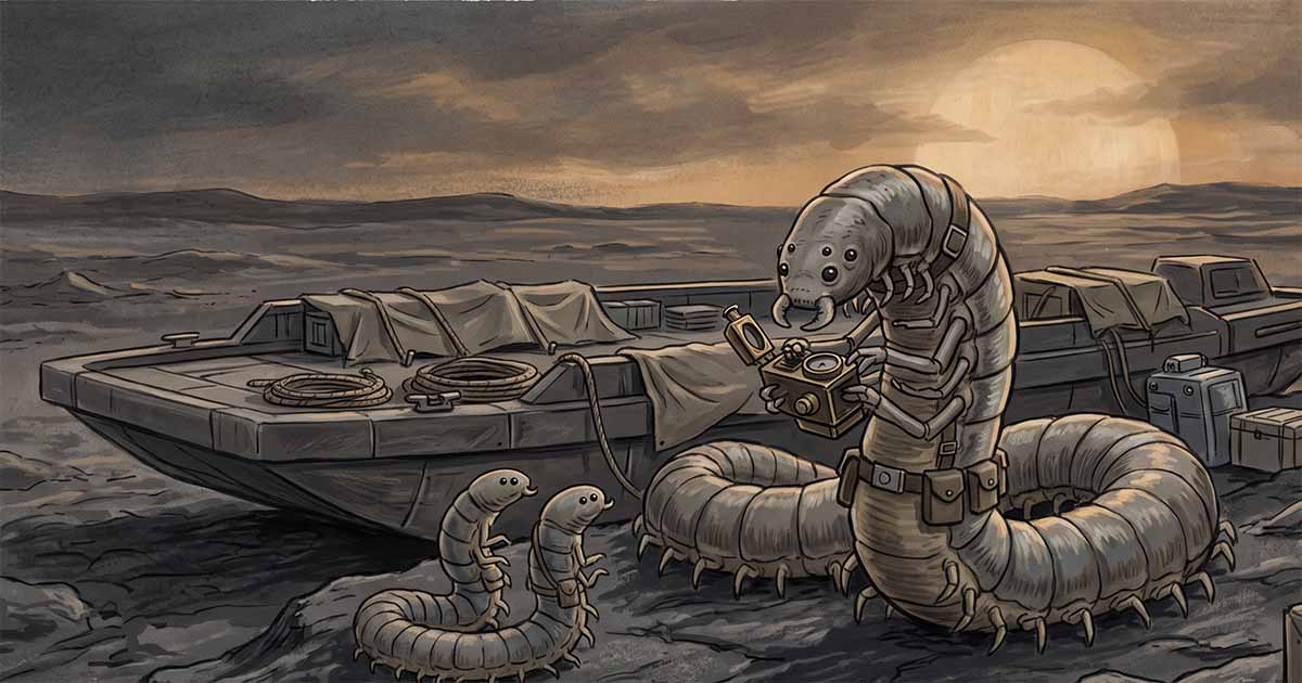 Illustration of the Mesklinite captain Barlennan examining a scientific instrument beside his trading vessel while younger Mesklinites watch on the alien world of Mesklin.