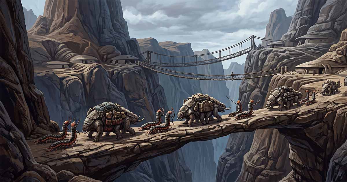 Illustration of a Mesklinite trading caravan with pack animals crossing a natural stone bridge between cliffside settlements on the high-gravity world of Mesklin.