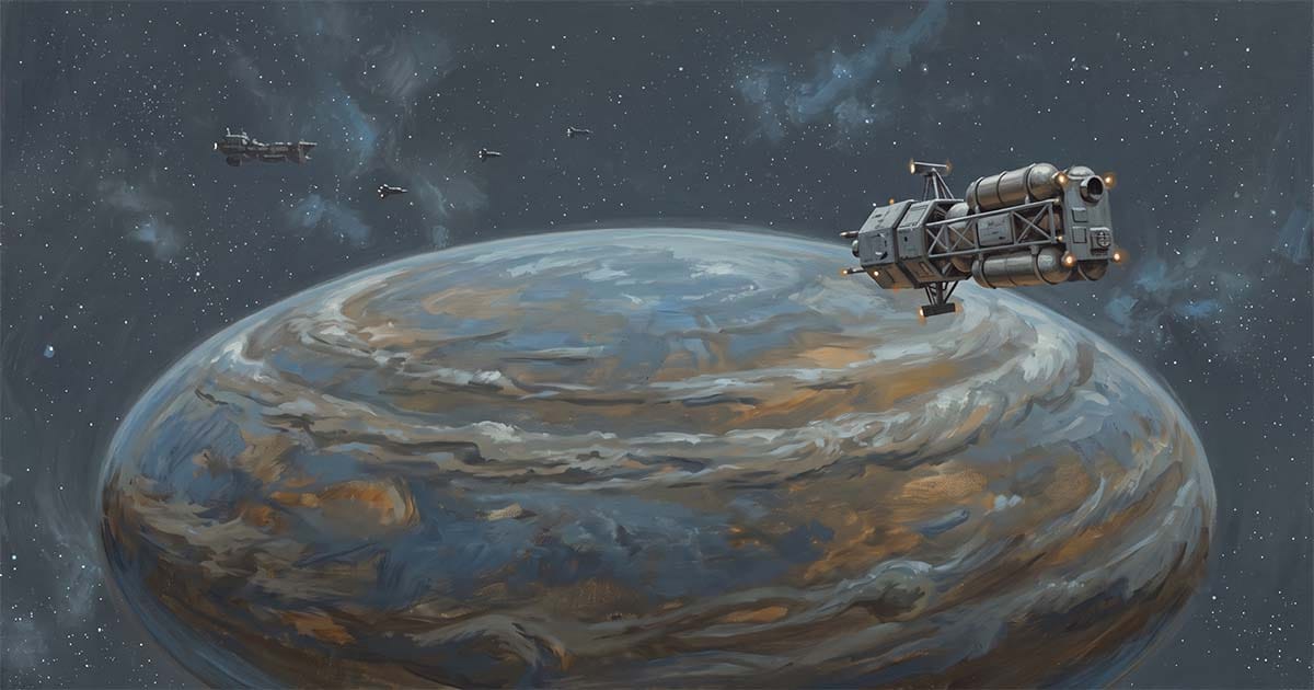 Illustration of a survey spacecraft orbiting the flattened alien planet Mesklin, highlighting the scientifically inspired world that made "Mission of Gravity" a landmark of hard science fiction.