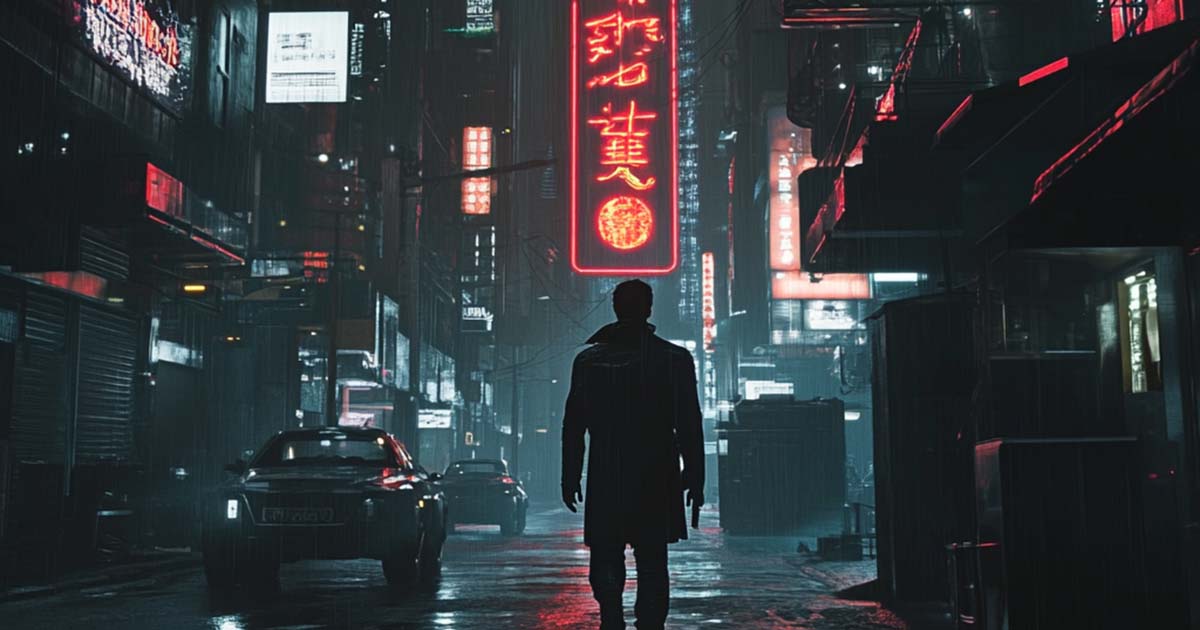 Rain-soaked futuristic city street with neon signs and a lone man, illustrating the dark urban future associated with "Blade Runner."