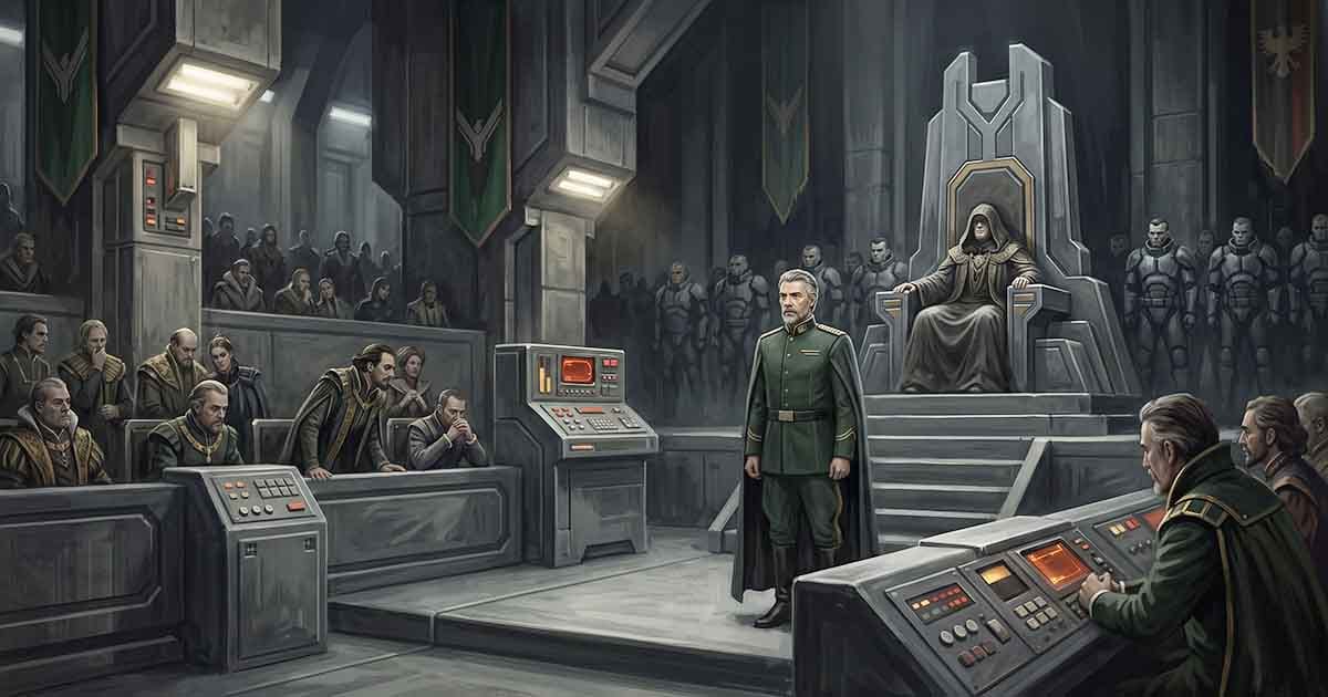 Duke Leto Atreides stands before Emperor Shaddam IV in an imperial council chamber as nobles and imperial soldiers watch from the shadows.