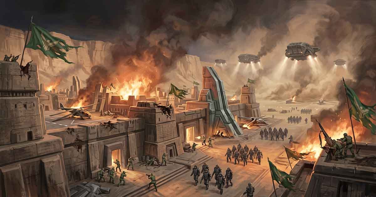 Alt text Atreides soldiers defend the burning stronghold of Arrakeen as enemy troops advance and military transports descend through smoke over Arrakis.