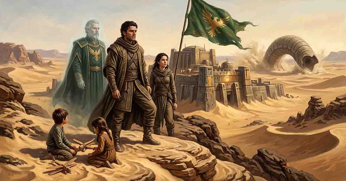 Generations of House Atreides overlook the desert and fortress of Arrakis as a great sandworm rises in the distance.