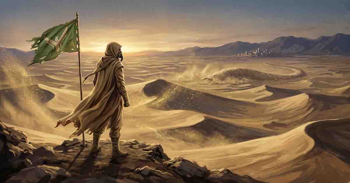 A robed figure beside an Atreides banner overlooks the desert of Arrakis as spice glitters in the air and a sandworm crosses the distant dunes.