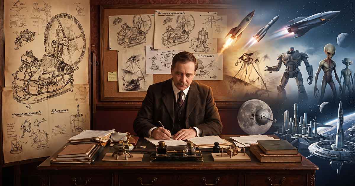 H. G. Wells writes at a Victorian desk as sketches of fantastic machines transition into rockets, robots, aliens, and futuristic cities.