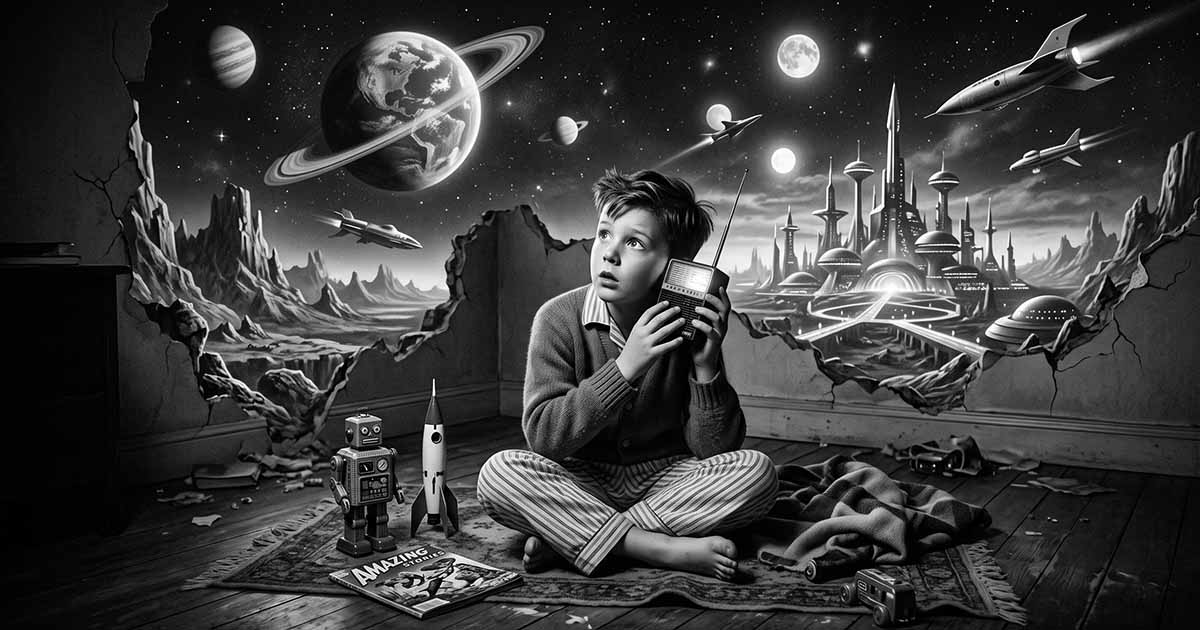Boy listening to a radio as his bedroom opens into an imagined world of rockets, planets, and a futuristic alien city.
