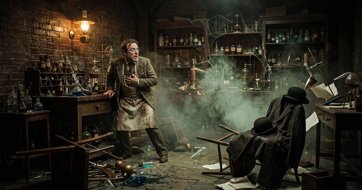 Frightened Victorian scientist watches empty clothing move through a wrecked laboratory filled with broken glass and chemical fumes.