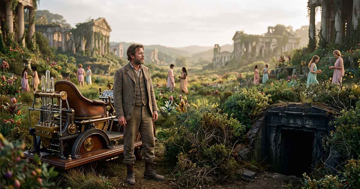 Victorian time traveler stands beside his time machine in the distant future as the Eloi wander among ruins and a dark underground entrance waits nearby.