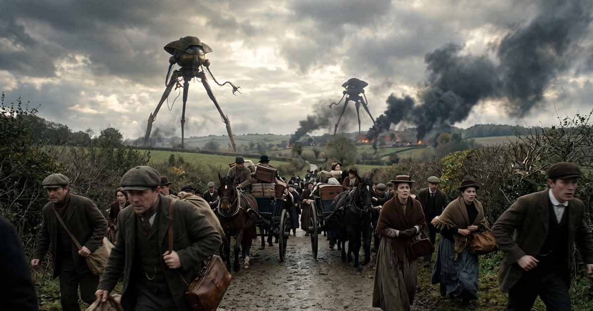 Victorian civilians flee along an English country road as towering Martian fighting machines advance through smoke and burning villages.