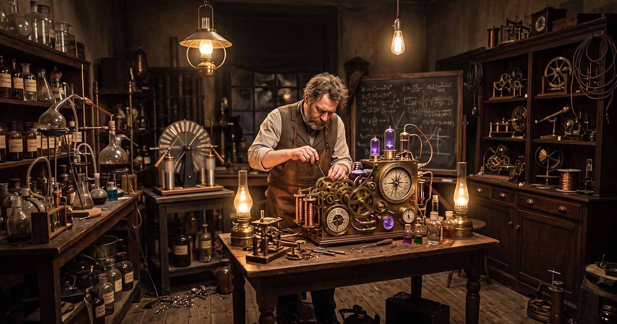 Victorian inventor works on a brass scientific machine surrounded by gears, glassware, and laboratory equipment.