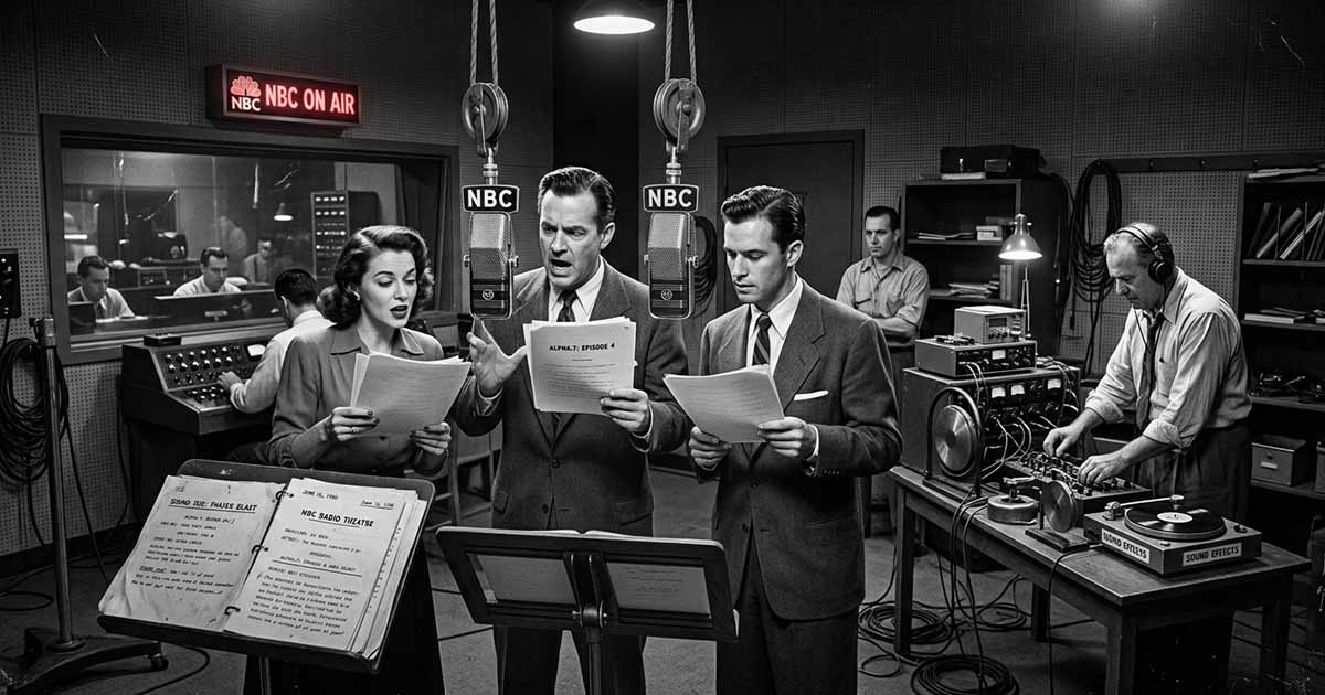 1950s radio actors performing a science fiction drama at studio microphones while a technician operates sound-effects equipment.