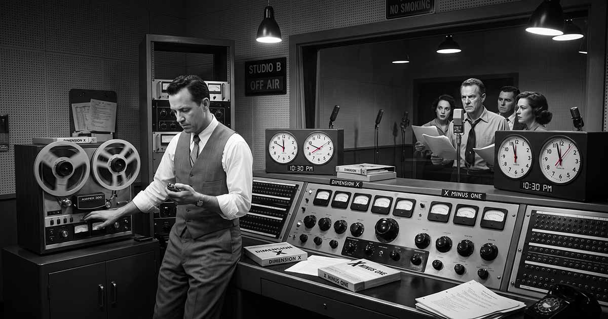 1950s radio engineer operating recording equipment while actors wait behind studio glass for a science fiction broadcast.