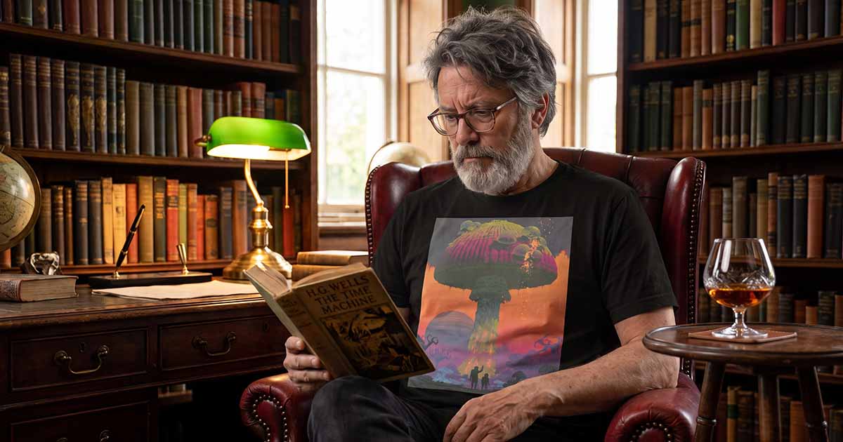 Gray-haired man in a library reading H. G. Wells’ “The Time Machine” while wearing a black Spore Cathedral T-shirt featuring a giant alien mushroom beneath a colorful sky.