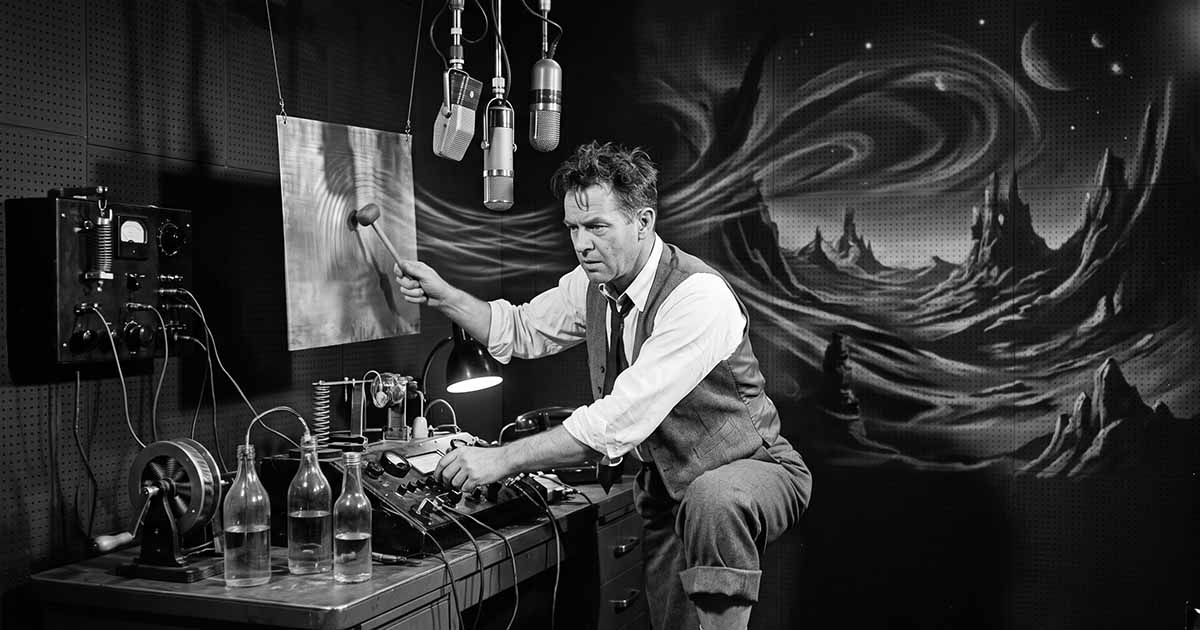1950s radio sound-effects artist creating effects as an imagined alien landscape forms behind him.