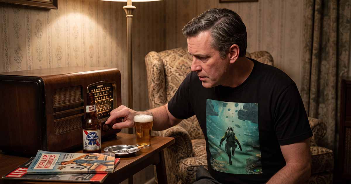 Man beside a vintage radio wearing the black Alien Free Fall science fiction T-shirt featuring an astronaut descending over an alien world.