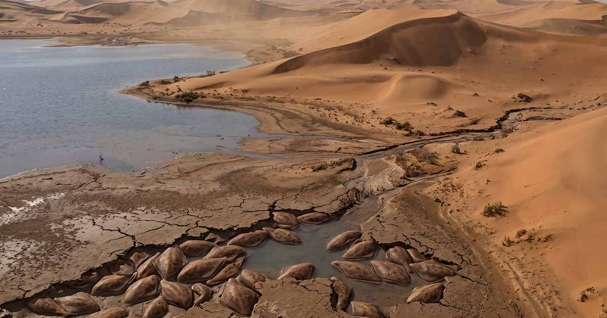 Sandtrout gather in shrinking pools as dunes spread across a drying landscape on Arrakis.