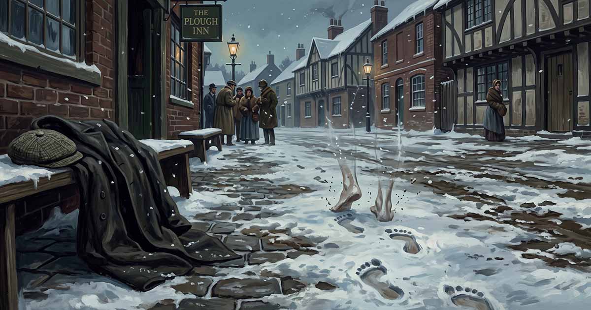 Illustration of an invisible man leaving bare footprints in a snowy Victorian English village, with his coat and cap discarded nearby.