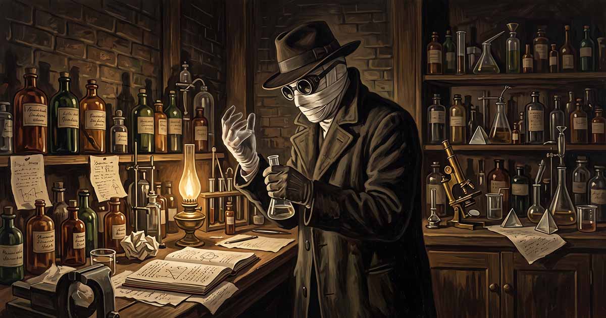 Illustration of Griffin examining his partially invisible hand in a dim Victorian laboratory filled with bottles, scientific notes, and optical equipment.