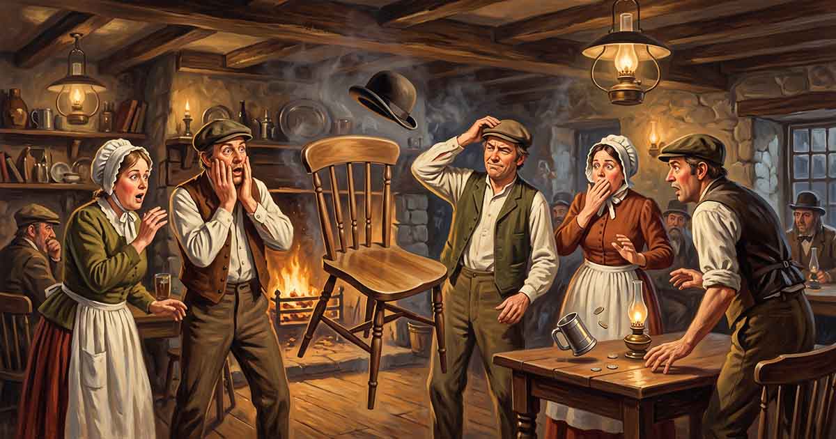 Illustration of startled Victorian villagers reacting to a floating chair, hat, and mug inside a warm English country inn.