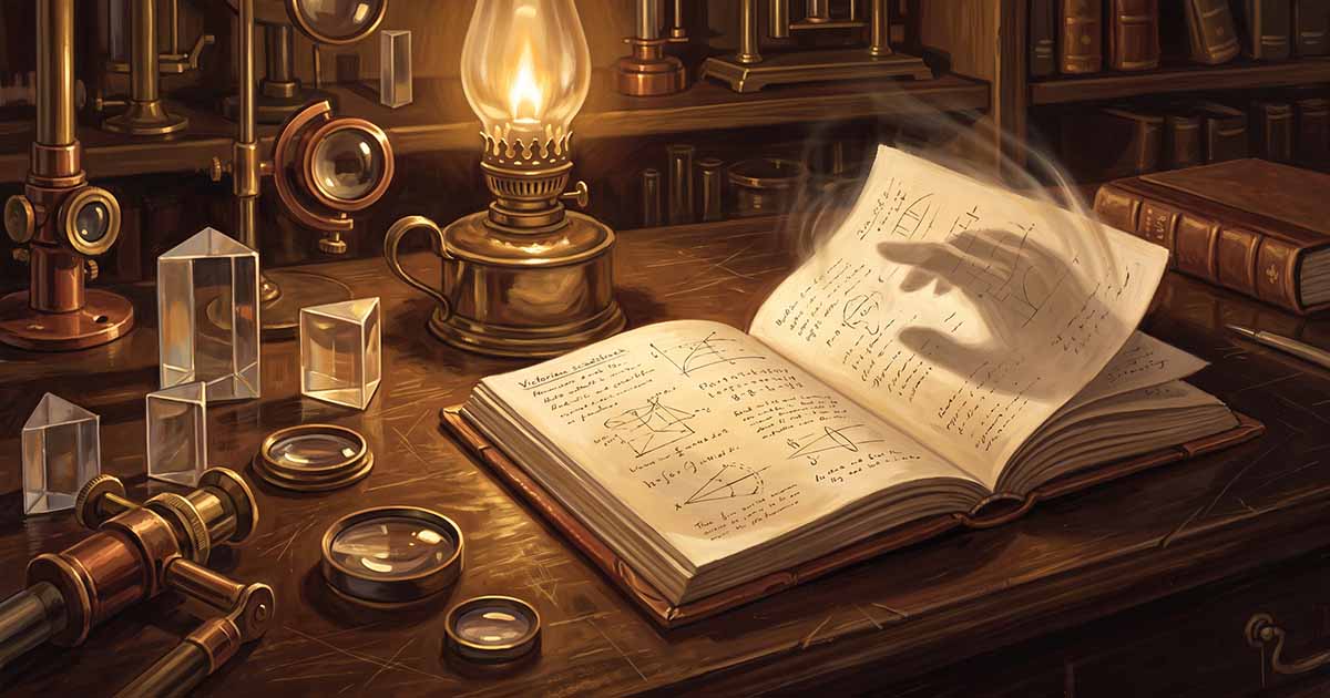 Illustration of an invisible hand turning the pages of a scientific notebook surrounded by Victorian optical instruments, lenses, and glass prisms.