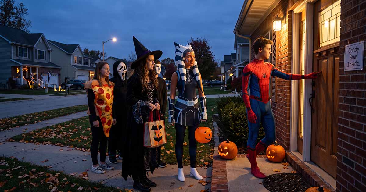 Person dressed as Ahsoka Tano trick-or-treating with a group in Halloween costumes.