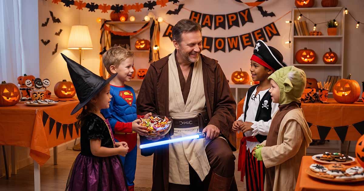 Father dressed as a Jedi holding a blue lightsaber at a Halloween party with costumed children.