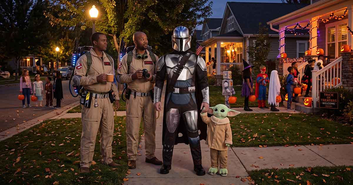 Adult dressed as the Mandalorian with a child dressed as Grogu alongside two Ghostbusters on Halloween night.