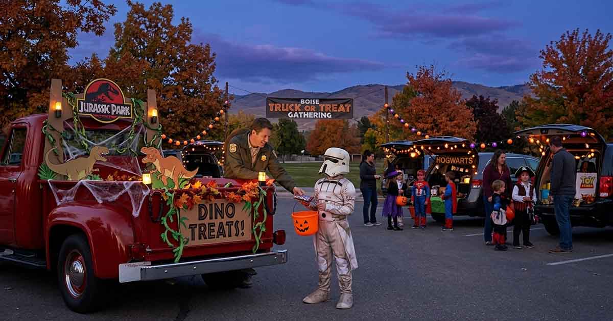Child dressed as a Star Wars Snowtrooper collecting candy at a Halloween trunk-or-treat event.