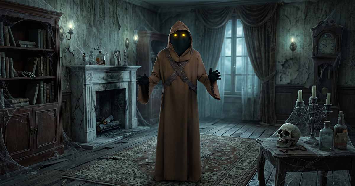 Jawa costume with glowing yellow eyes standing inside a dark, abandoned house decorated for Halloween.