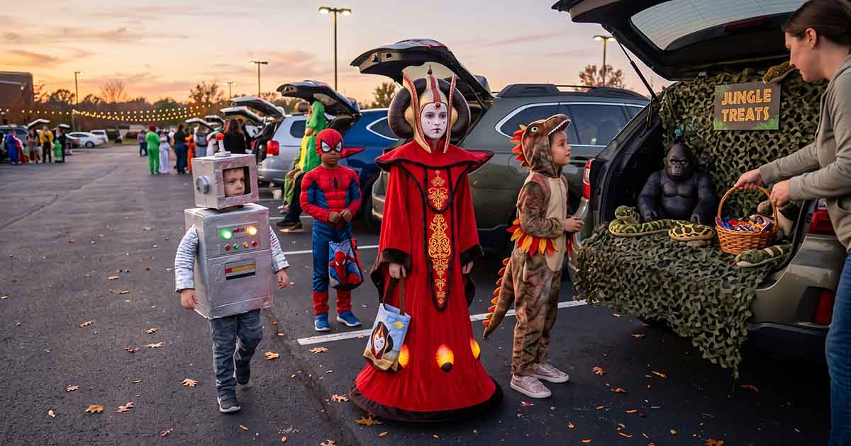 Child dressed as Queen Amidala carrying a Halloween candy bag at a trunk-or-treat event.