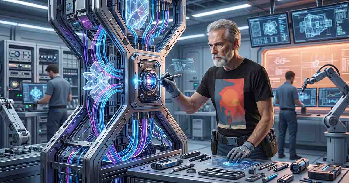 Older engineer wearing the Among the Ruins of Light T-shirt while working on advanced machinery in a futuristic laboratory.