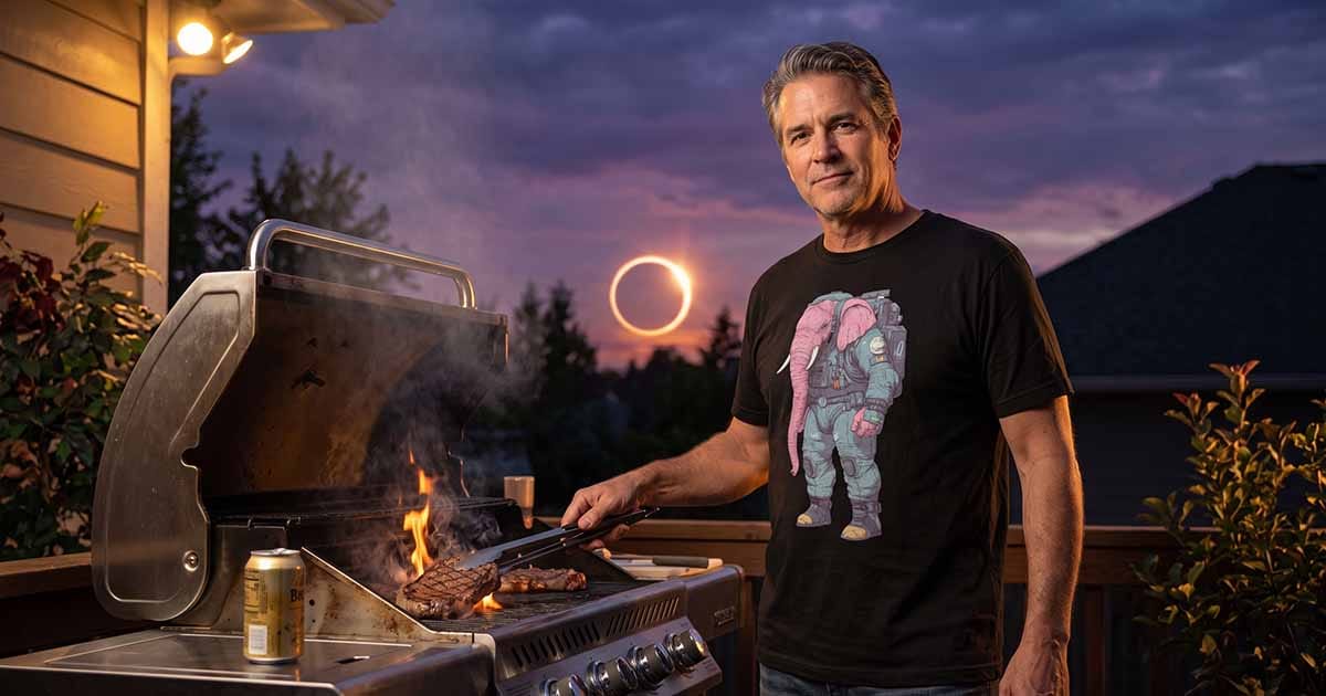 Man grilling outdoors in a black T-shirt featuring a pink elephant astronaut, with a solar eclipse in the background.