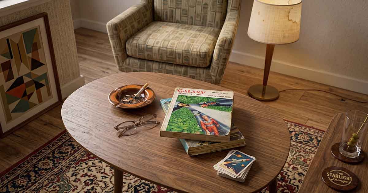 1950s living room with a vintage science fiction magazine on a coffee table.
