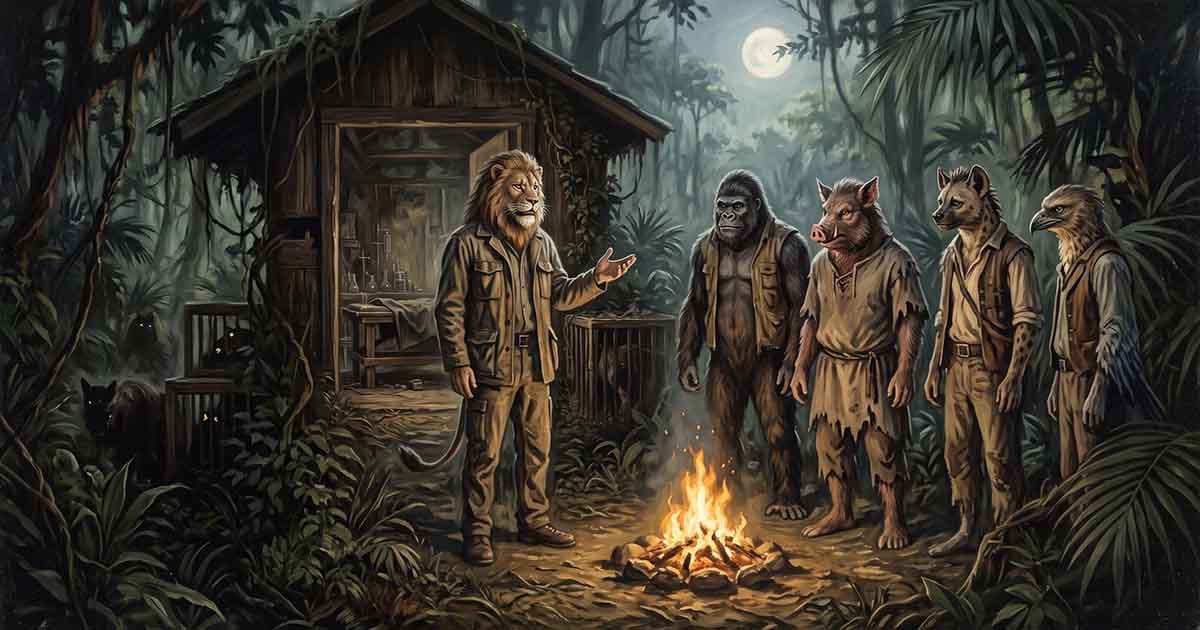 Human-animal Beast Folk gather around a fire in a moonlit tropical jungle near Dr. Moreau’s laboratory.